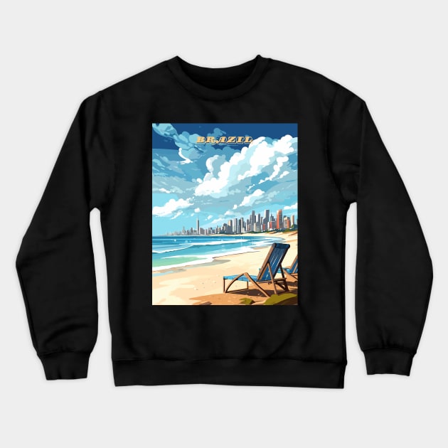 Brazilian Beach with chair Travel Art Print Crewneck Sweatshirt by TripleTravelArt